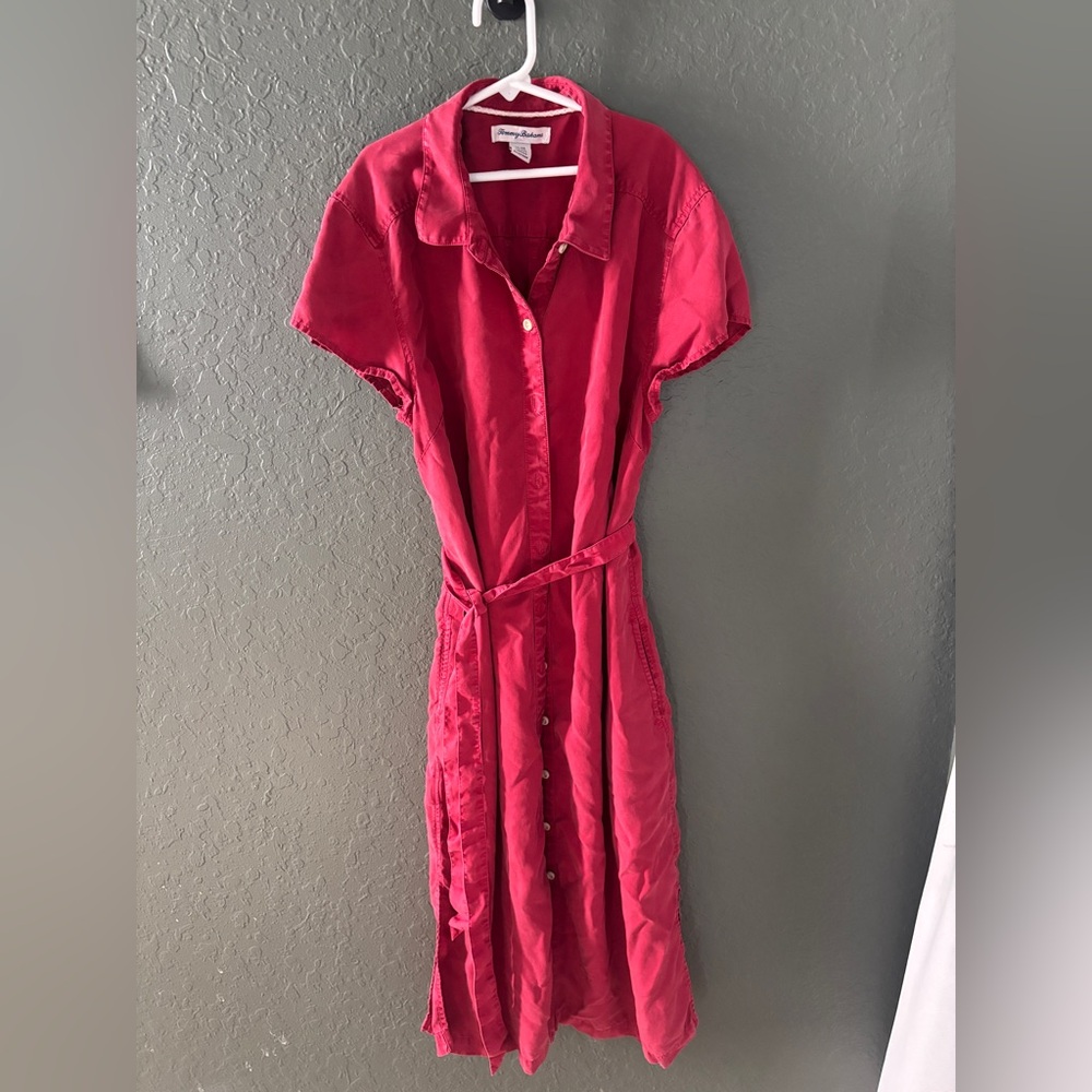 Tommy Bahama Soft Twill Collar Cap Sleeve Button Front Self-Tie Belt Shirt Dress
